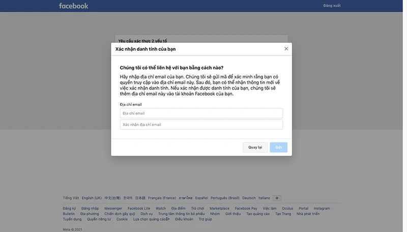 Nhập và xác nhận email để Facebook liên hệ trong quá trình khôi phục