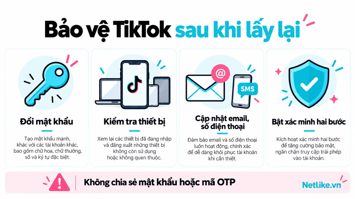Các việc cần làm sau khi lấy lại tài khoản TikTok: đổi mật khẩu, kiểm tra thiết bị và bật xác minh hai bước