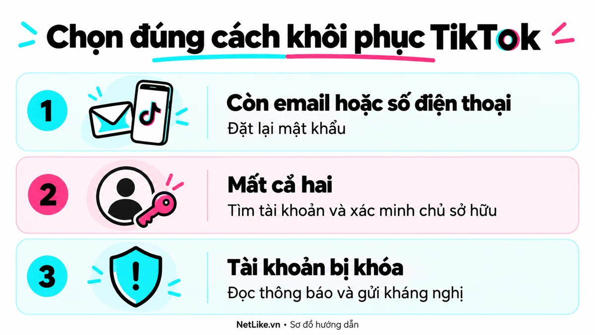 Sơ đồ chọn cách lấy lại tài khoản TikTok theo email, số điện thoại hoặc tình trạng bị khóa