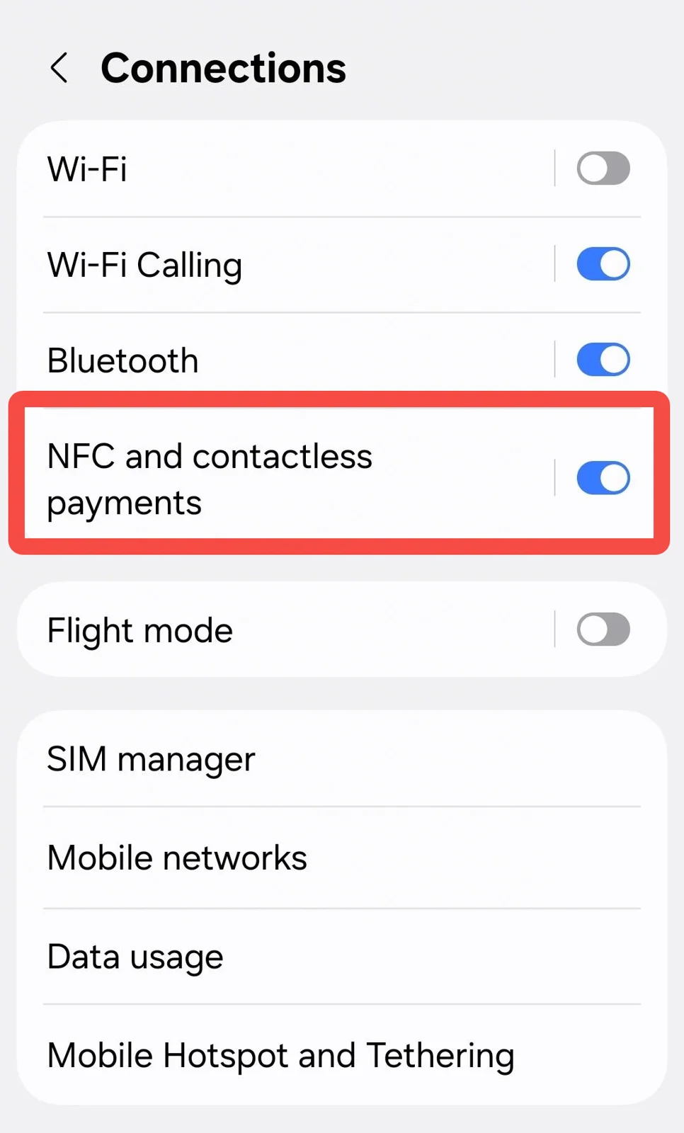 Ví dụ vị trí bật NFC trong phần Connections trên điện thoại Android