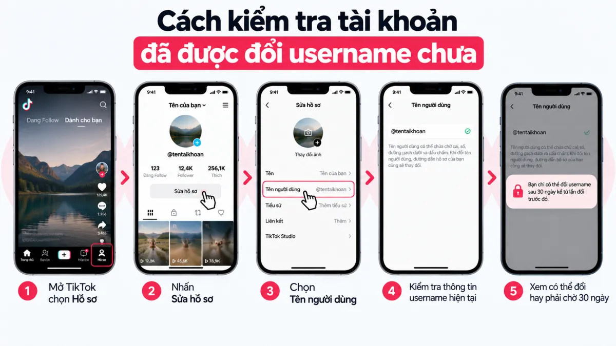 Minh họa các bước mở hồ sơ TikTok, chọn Sửa hồ sơ và kiểm tra mục Tên người dùng